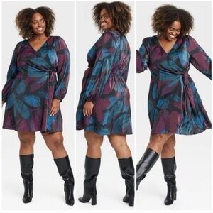Ava & Viv - Long Balloon Sleeve Faux Wrap Dress